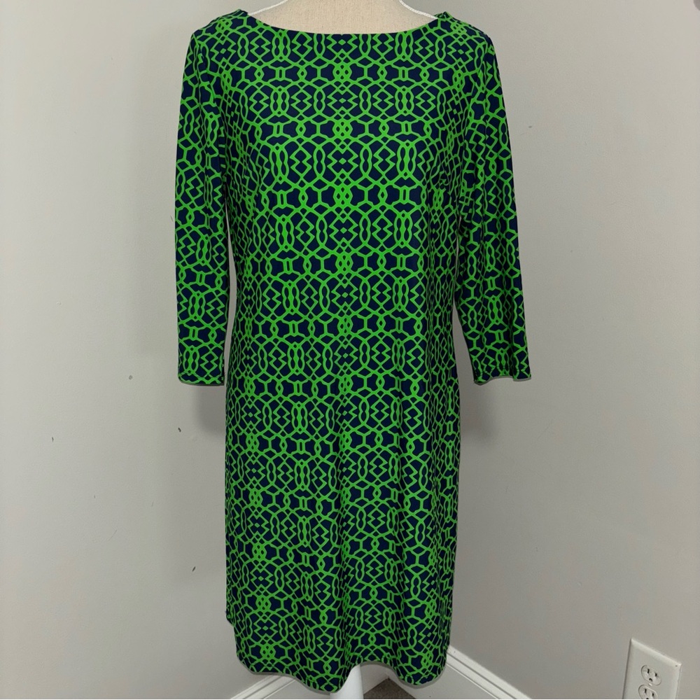 Jude Connally NEW navy blue kelly green geometric 3/4 sleeve shift dress Large